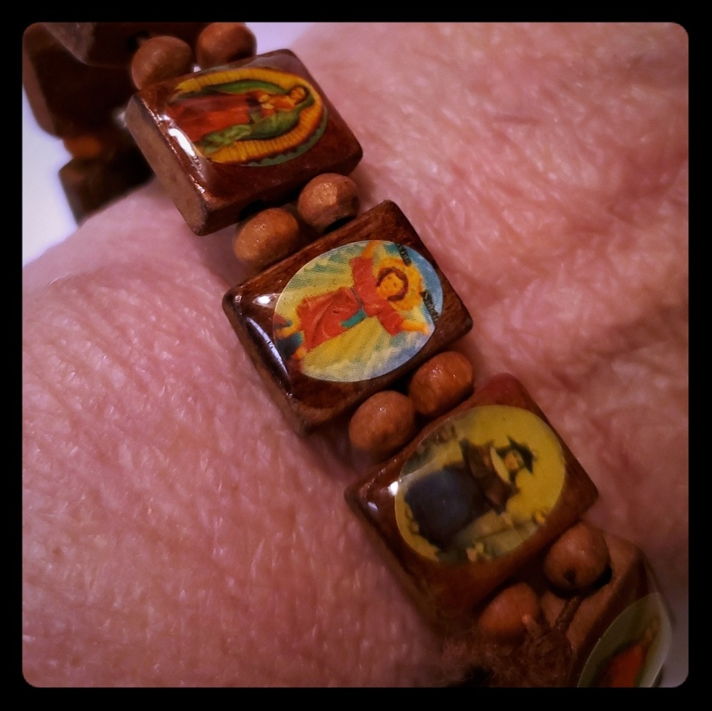 Wooden catholic bracelet with Jesus, Mary, apostle